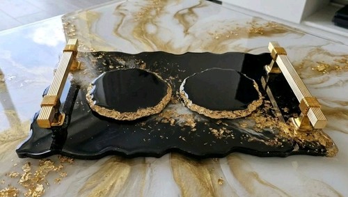 Luxury black gold resin tray - black,